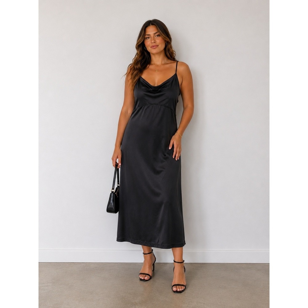 Black Satin Cowl Neck Slip Dress Spaghetti Straps Midi Side Slit The Limited 12
